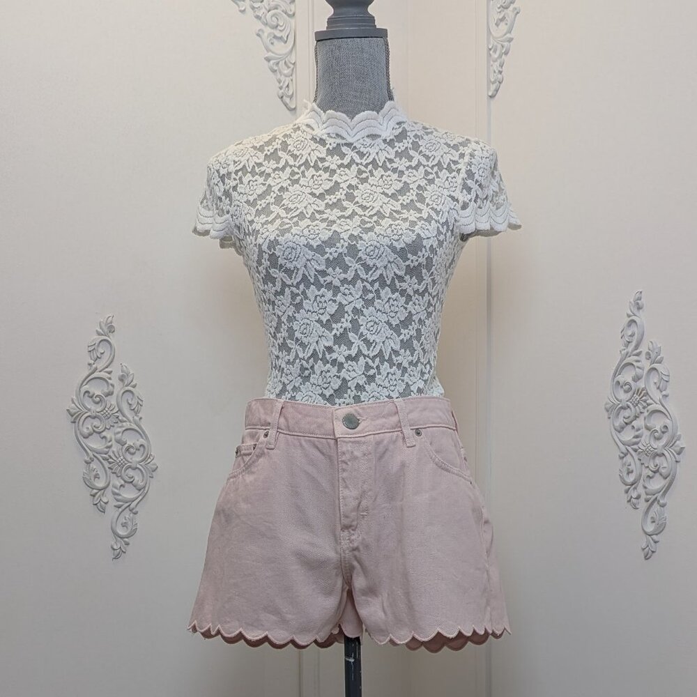 Scallop Trim Lace Mock Neck Sheer Shirt